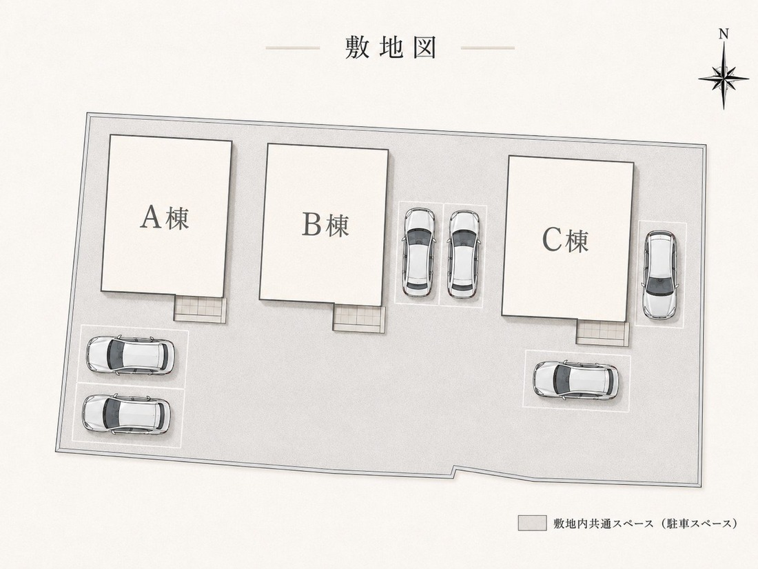 CHODO 江木の敷地図。A棟・B棟・C棟が同じ敷地に並ぶ